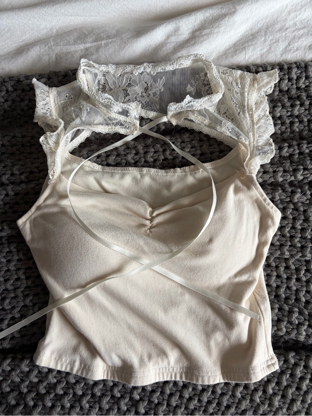 Lace-Trim Ivory Cotton Blend Women's Tank Top